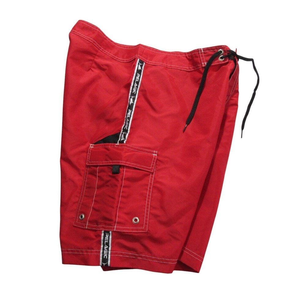 Pelagic Mens Board Shorts Swim Trunks 36 x 9 Red Nylon Unlined Spellout Logo